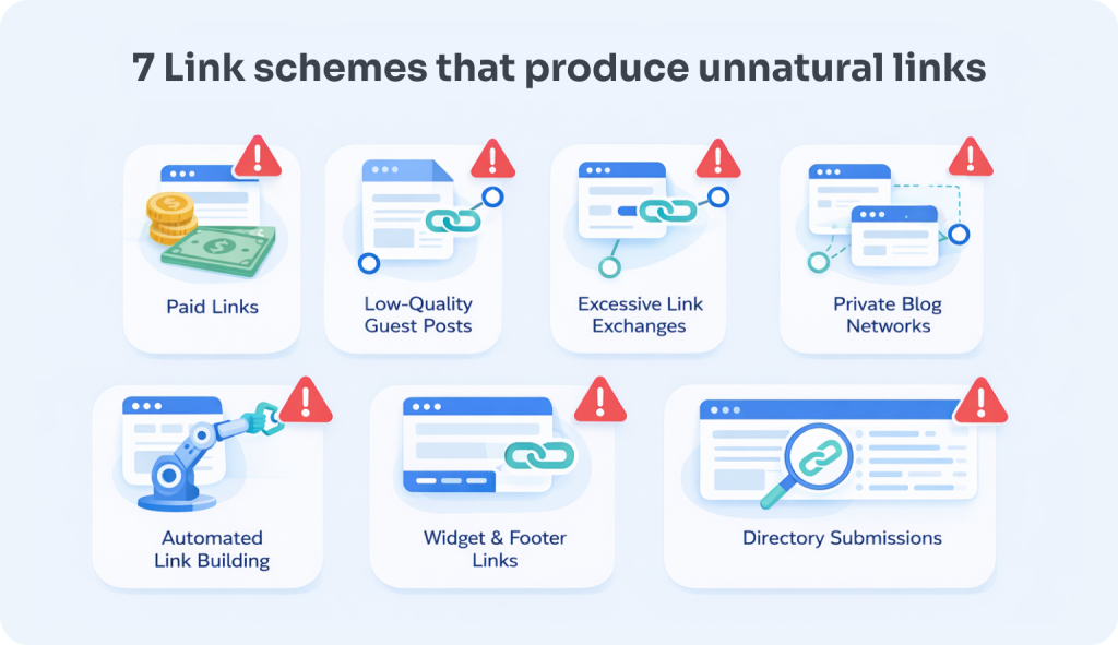 7 link scheme types that produce unnatural links — Google spam policy violations Diagram of the 7 link scheme types that violate Google's spam policies and produce unnatural links: paid links without disclosure, large-scale low-quality guest posting, excessive link exchanges, private blog networks (PBNs), automated link building, widget and footer link abuse, and non-editorial directory submissions