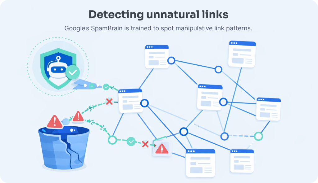 How Google detects unnatural links — SpamBrain detection signals Infographic showing how Google detects unnatural links: SpamBrain AI identifies non-editorial linking patterns including manipulative anchor text, topical irrelevance, network affiliation signals, and zero-traffic linking pages
