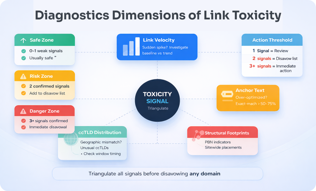 Four Diagnostic Dimensions of Link Toxicity , Backlink Audit Framework Four diagnostic dimensions used to identify toxic backlinks: link velocity, ccTLD distribution, anchor text over-optimisation, and structural footprint signals