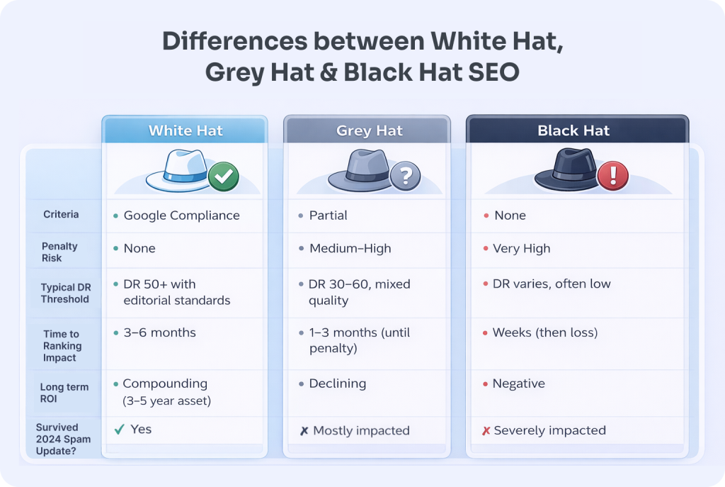 Differences between white hat, grey hat, and black hat SEO link building , comparison of risk profiles, tactics, and Google penalty exposure