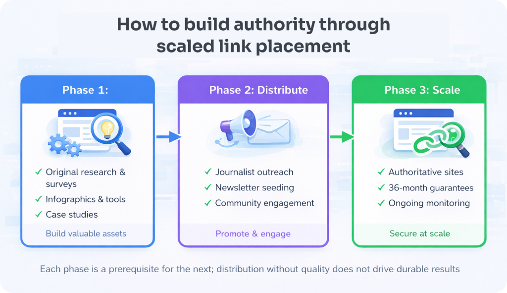 Three-phase natural link acquisition workflow diagram: Phase 1 Create original research and visual assets, Phase 2 Distribute via journalist gatekeepers and newsletter seeding, Phase 3 Scale with metric-based site selection and 36-month link guarantees