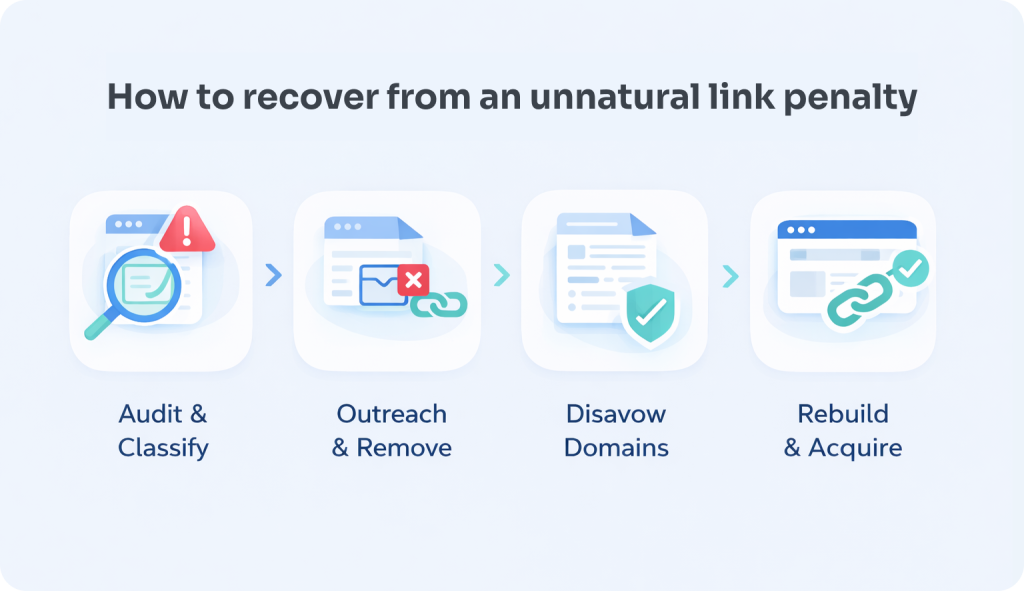 How to recover from an unnatural link penalty — 4-stage recovery process Step-by-step diagram of the 4-stage Google unnatural link penalty recovery process: Stage 1 backlink audit and risk classification, Stage 2 manual outreach for link removal, Stage 3 disavow file submission to Google Search Console, Stage 4 sustained white hat link acquisition