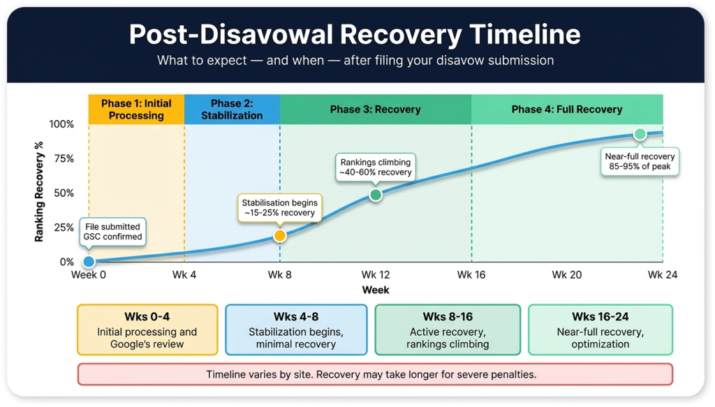 Post-Disavowal Recovery Timeline , Expected Ranking Recovery After Disavow File Submission Post-disavowal recovery timeline showing gradual ranking improvement over 4 to 12 weeks after submitting a Google disavow file