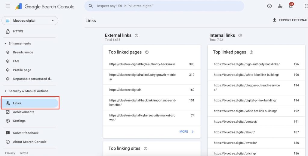 google search console links menu
