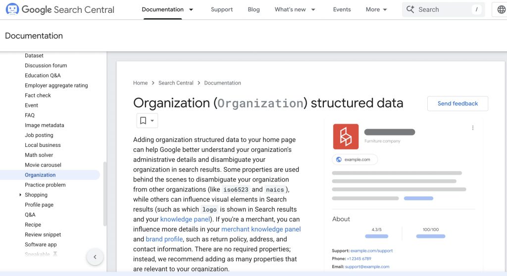 google organization schema guidelines page